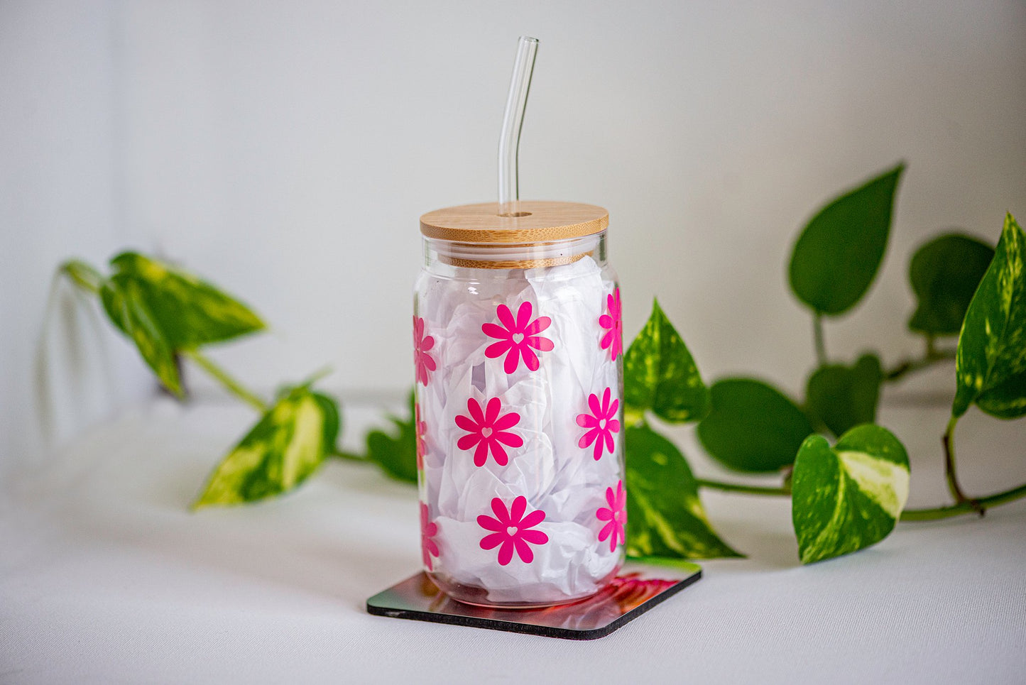 Flowers - Beer Can Style Glass with Lid and Glass straw