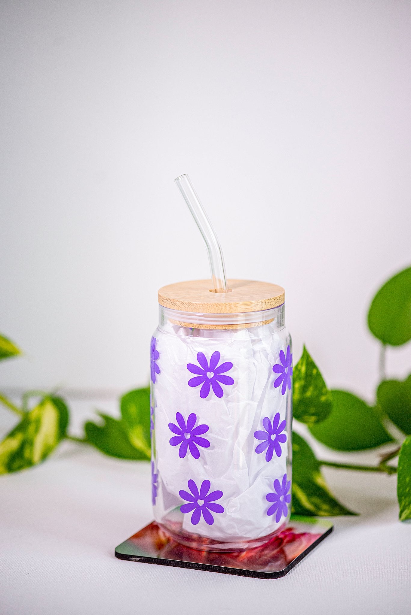 Flowers - Beer Can Style Glass with Lid and Glass straw