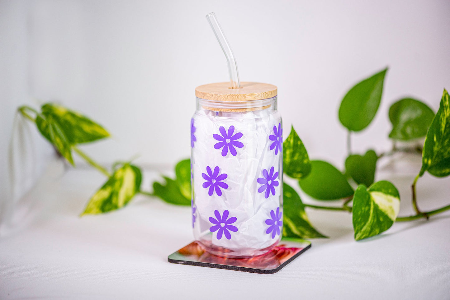 Flowers - Beer Can Style Glass with Lid and Glass straw
