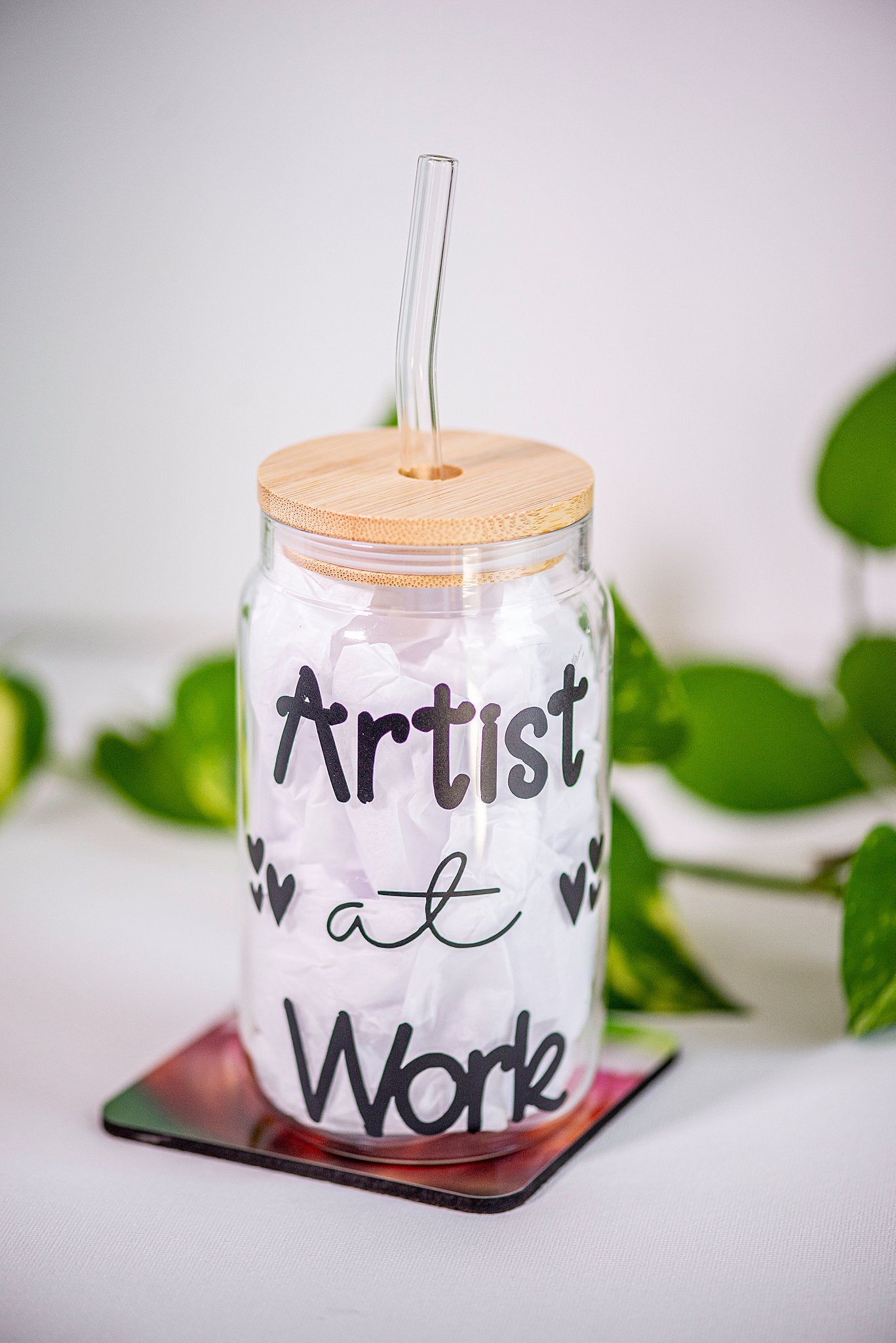 Artist at Work - Beer Can Style Glass with Lid and Glass straw