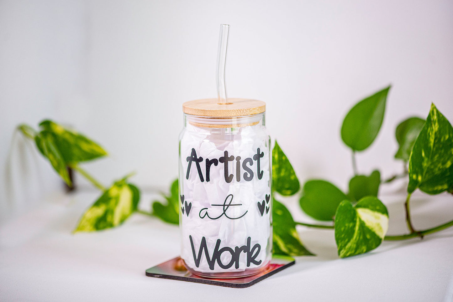 Artist at Work - Beer Can Style Glass with Lid and Glass straw