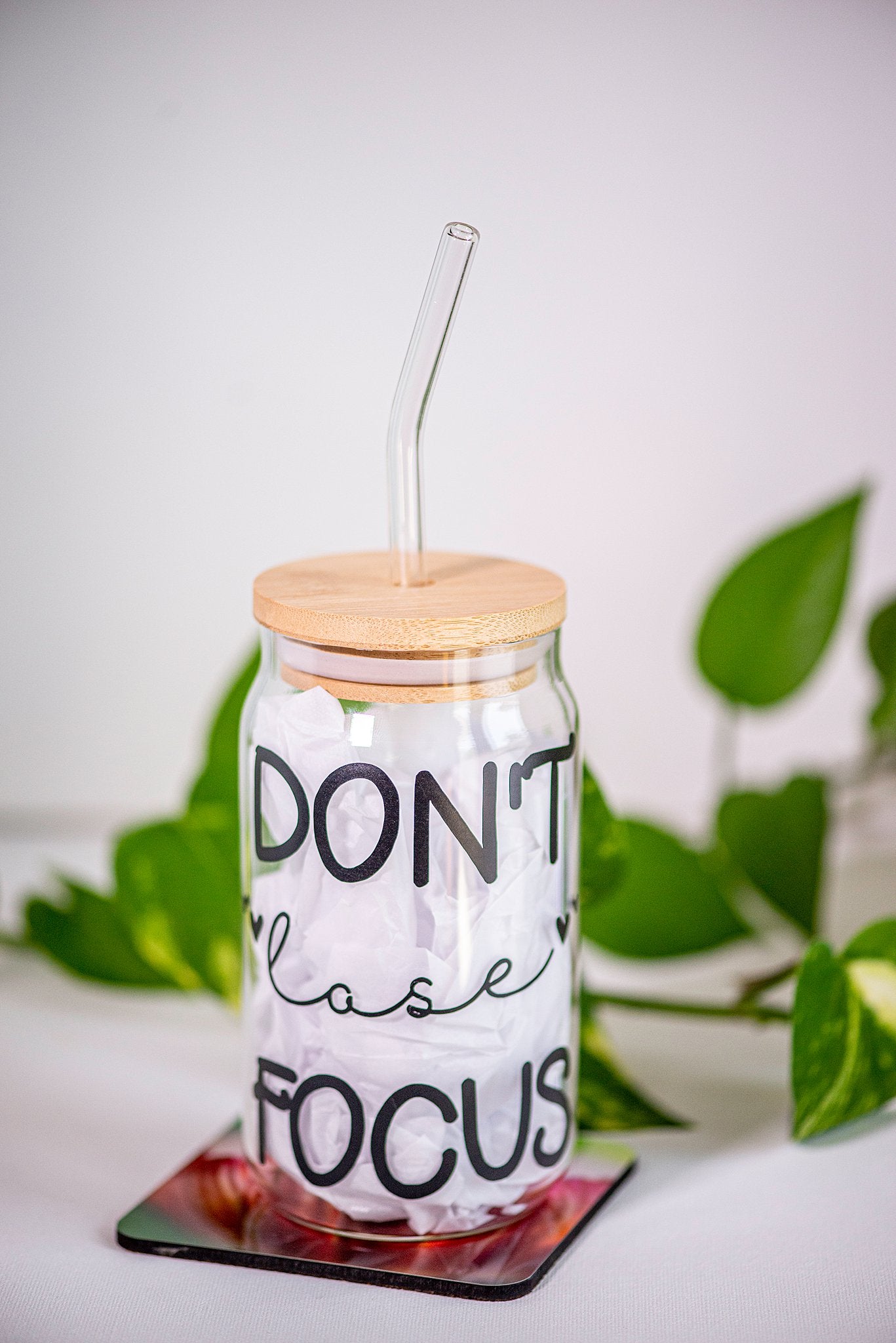 Don't Lose Focus - Beer Can Style Glass with Lid and Glass straw