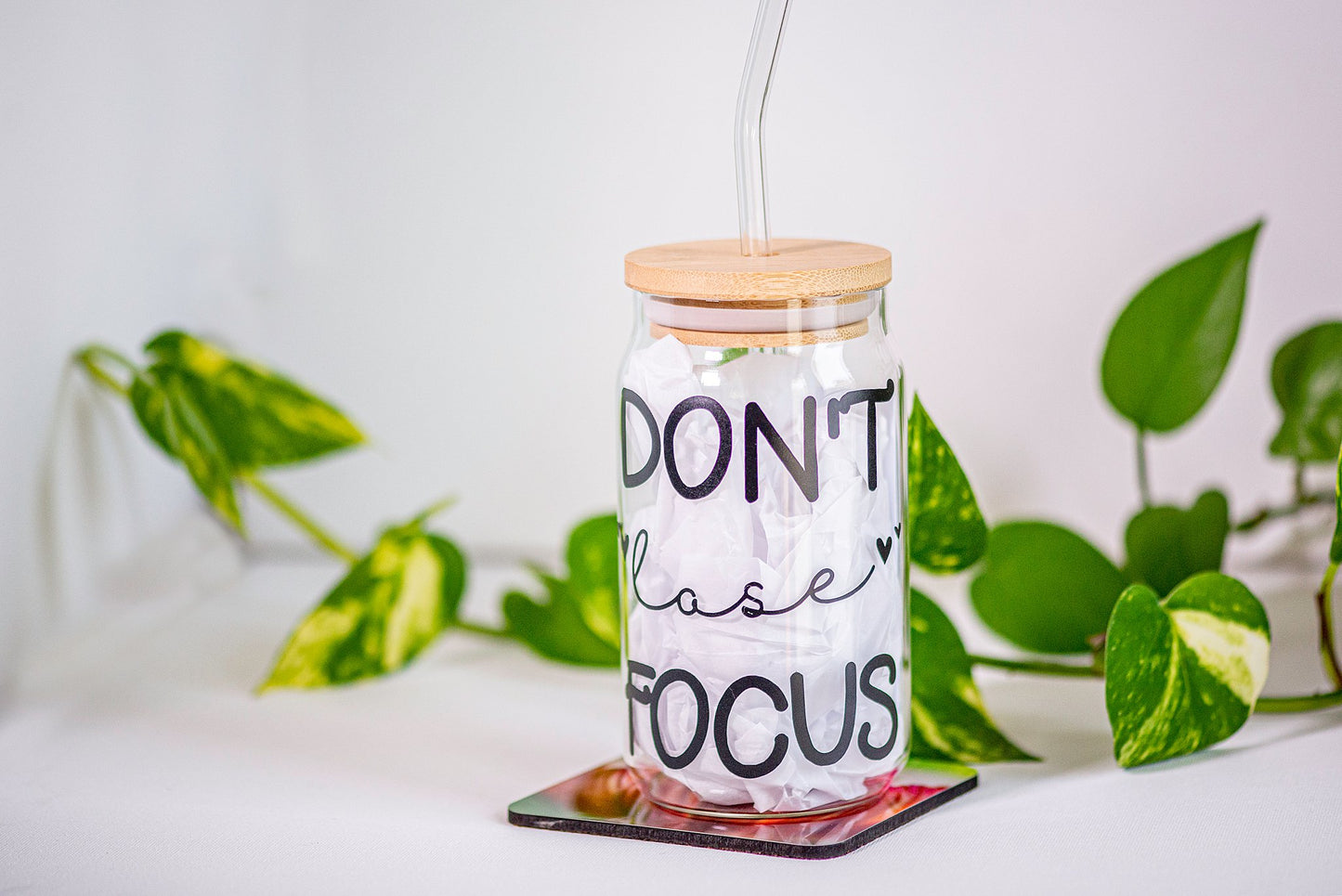 Don't Lose Focus - Beer Can Style Glass with Lid and Glass straw