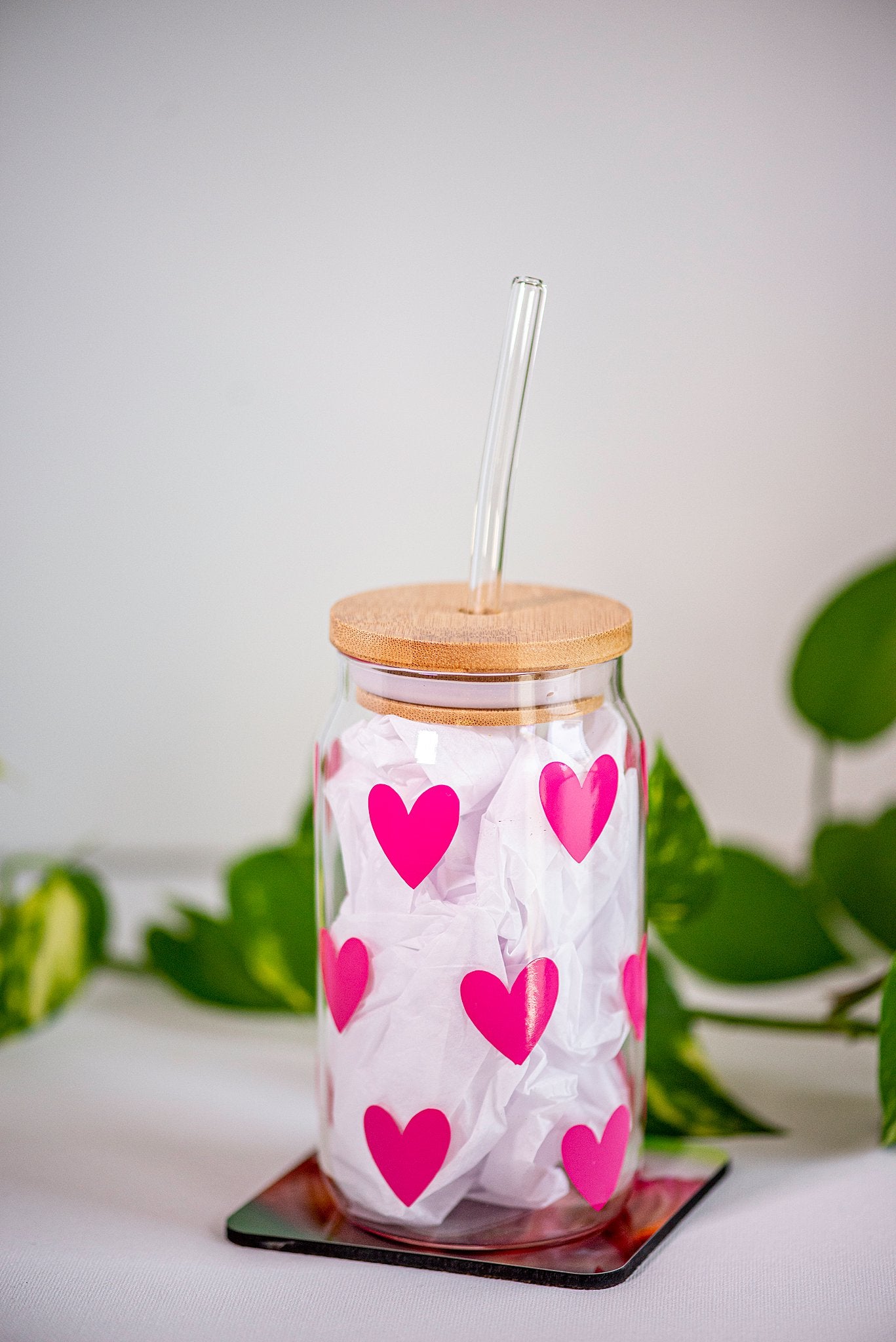 Hearts - Beer Can Style Glass with Lid and Glass straw