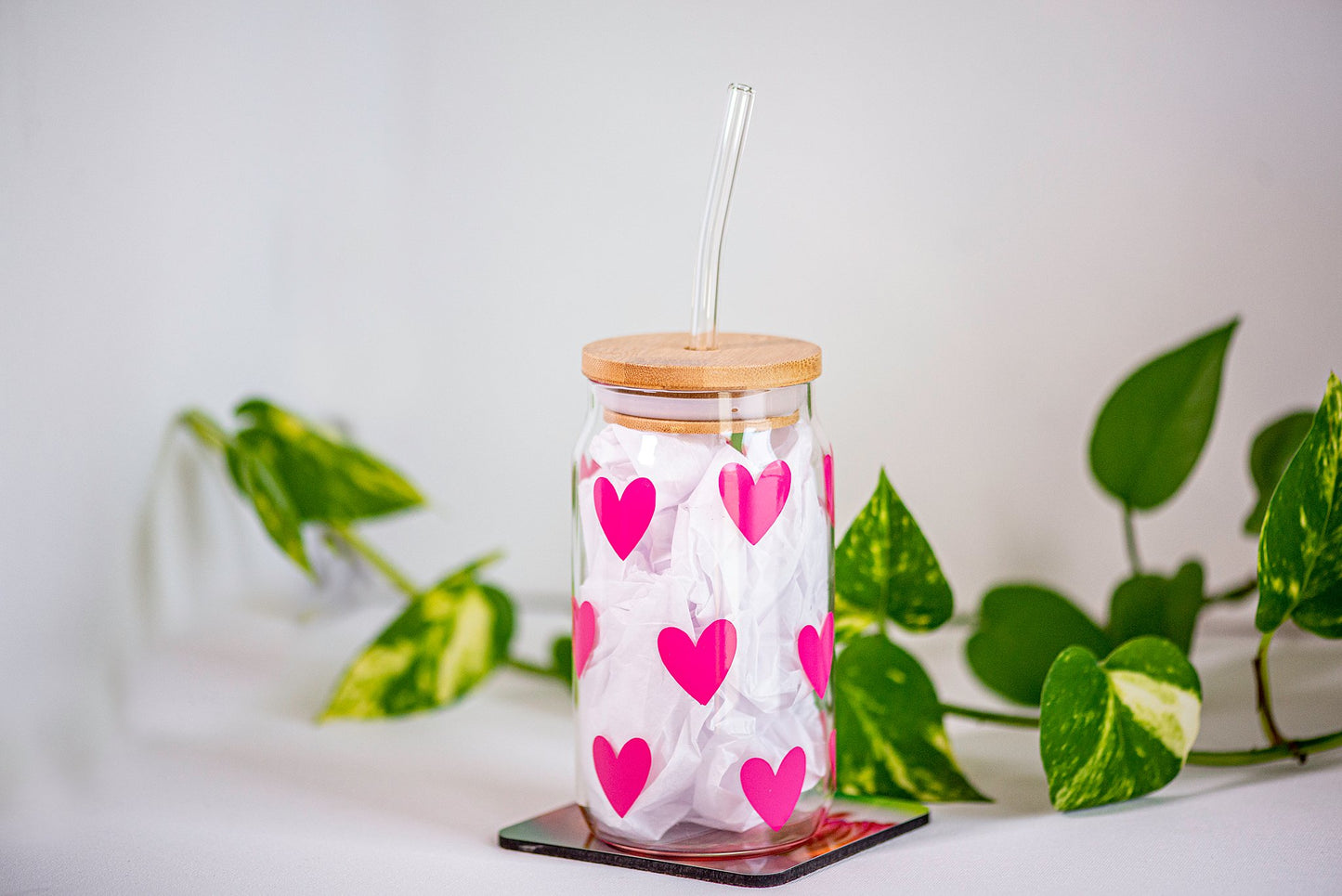 Hearts - Beer Can Style Glass with Lid and Glass straw