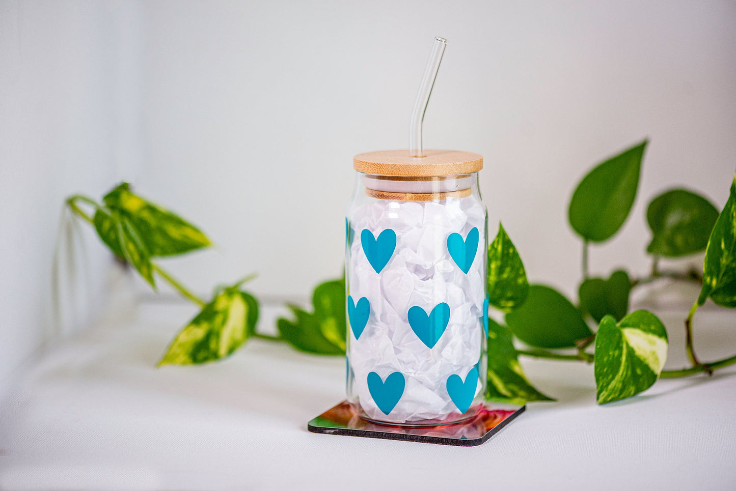 Hearts - Beer Can Style Glass with Lid and Glass straw