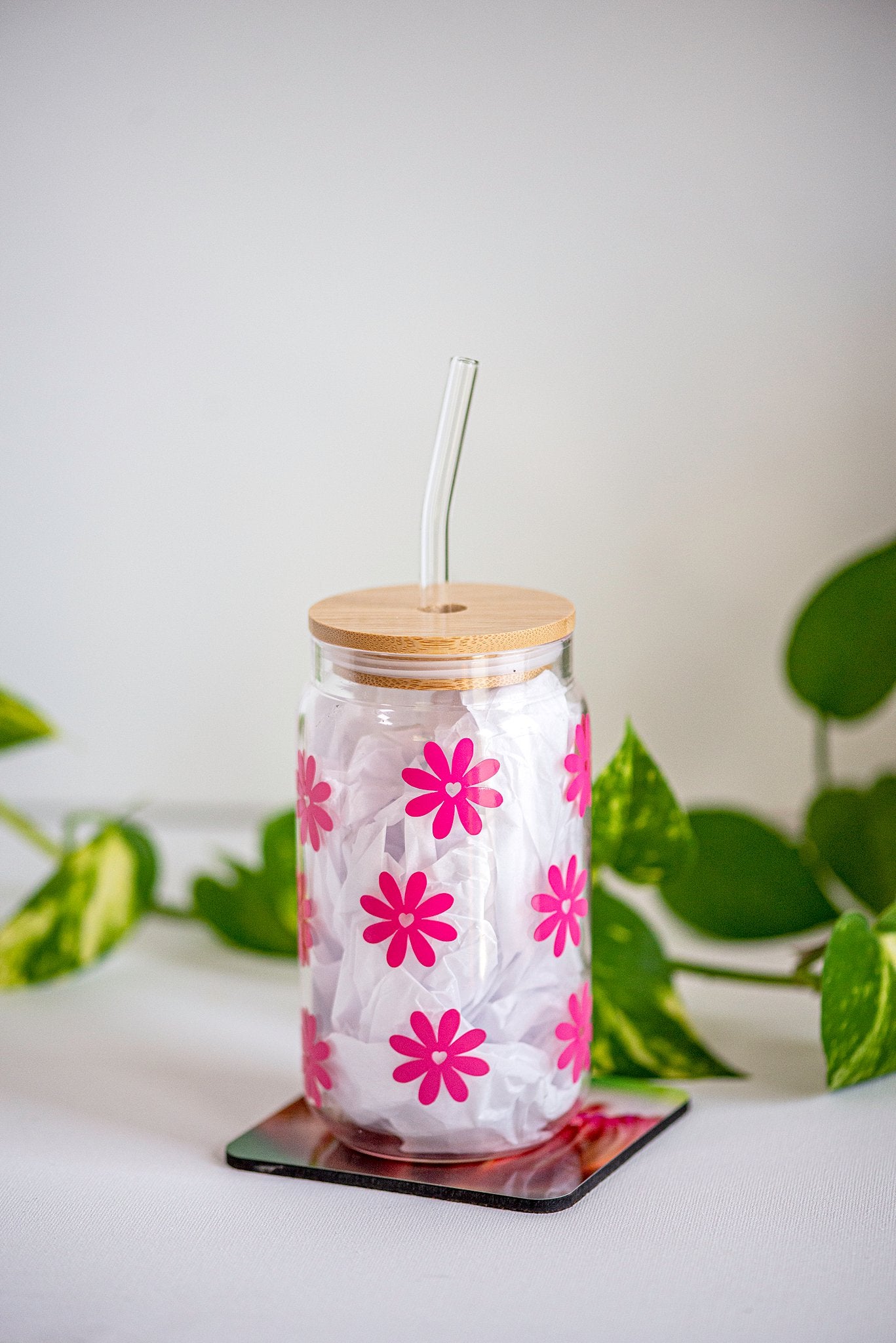 Flowers - Beer Can Style Glass with Lid and Glass straw