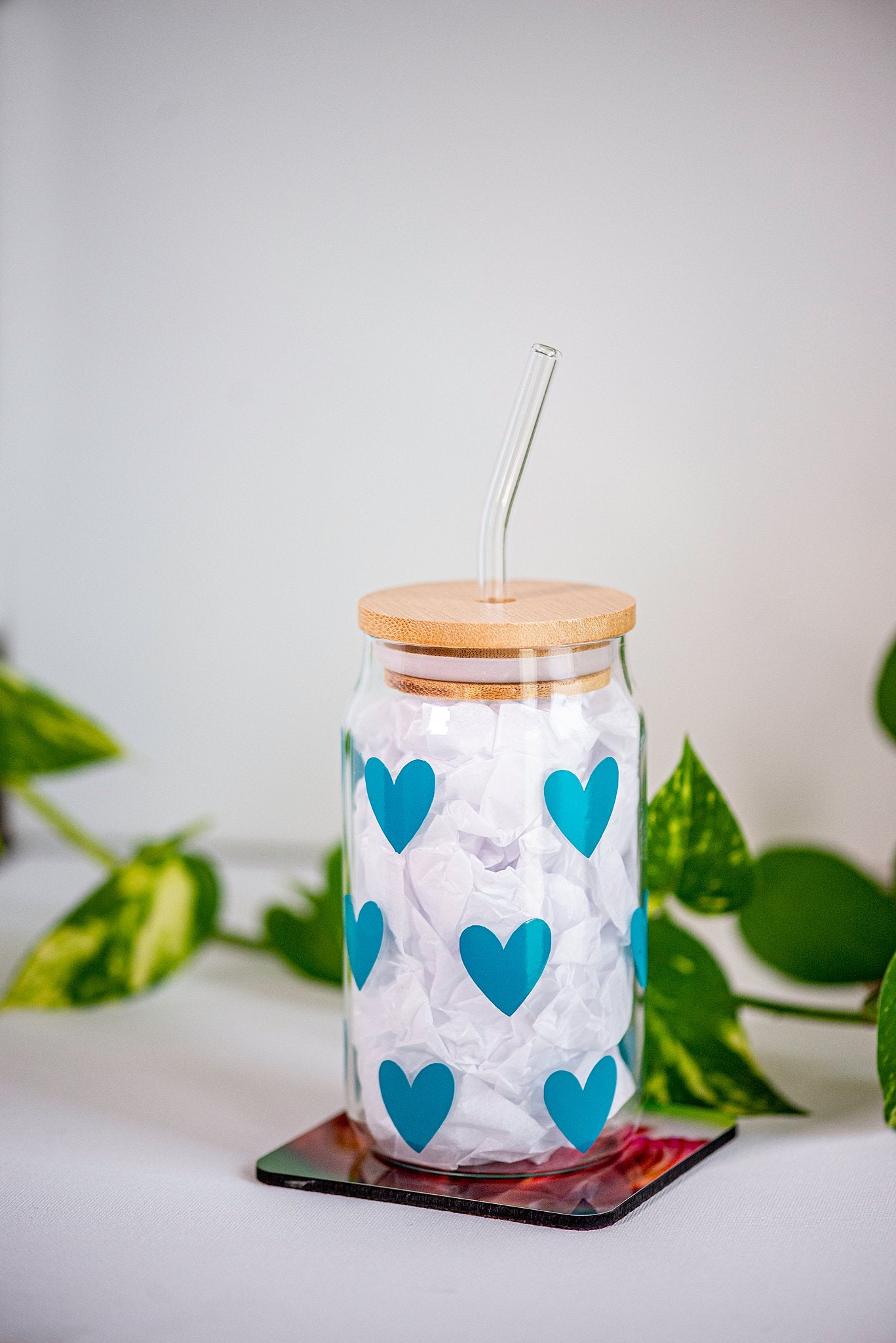 Hearts - Beer Can Style Glass with Lid and Glass straw